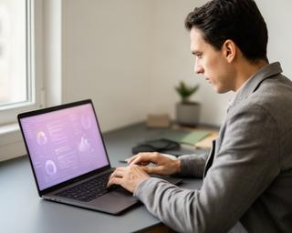 Επαγγελματίας εργάζεται σε laptop σε γραφείο ελληνικής εταιρείας τεχνολογίας